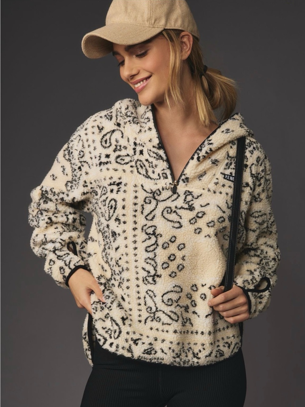 PE Nation. Andorra Fleece Pullover hoodie. Cream/Black. Size Medium.